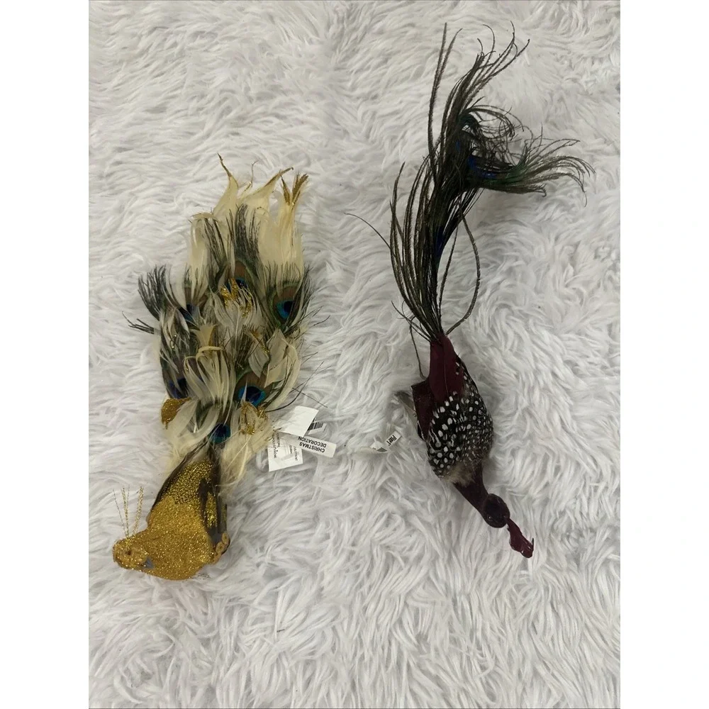 Vtg Pier One Gold Peacock Clip On Ornament Embellished Feathered Vintage Lot 2